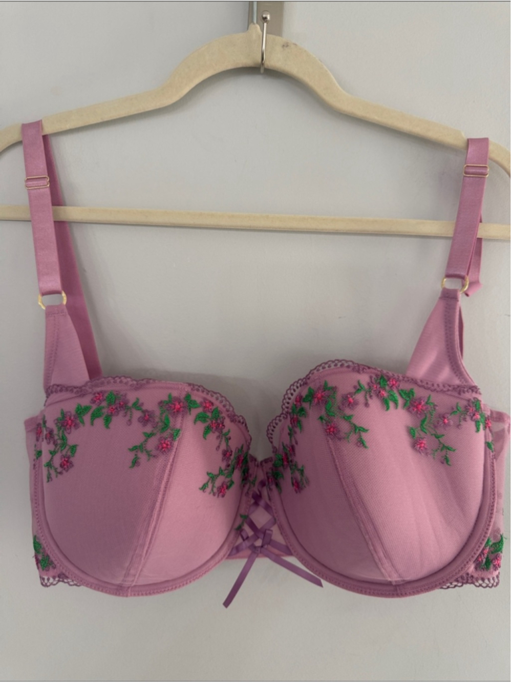 Adore Me 36DDD pink purple floral embroidered push up padded underwire bra